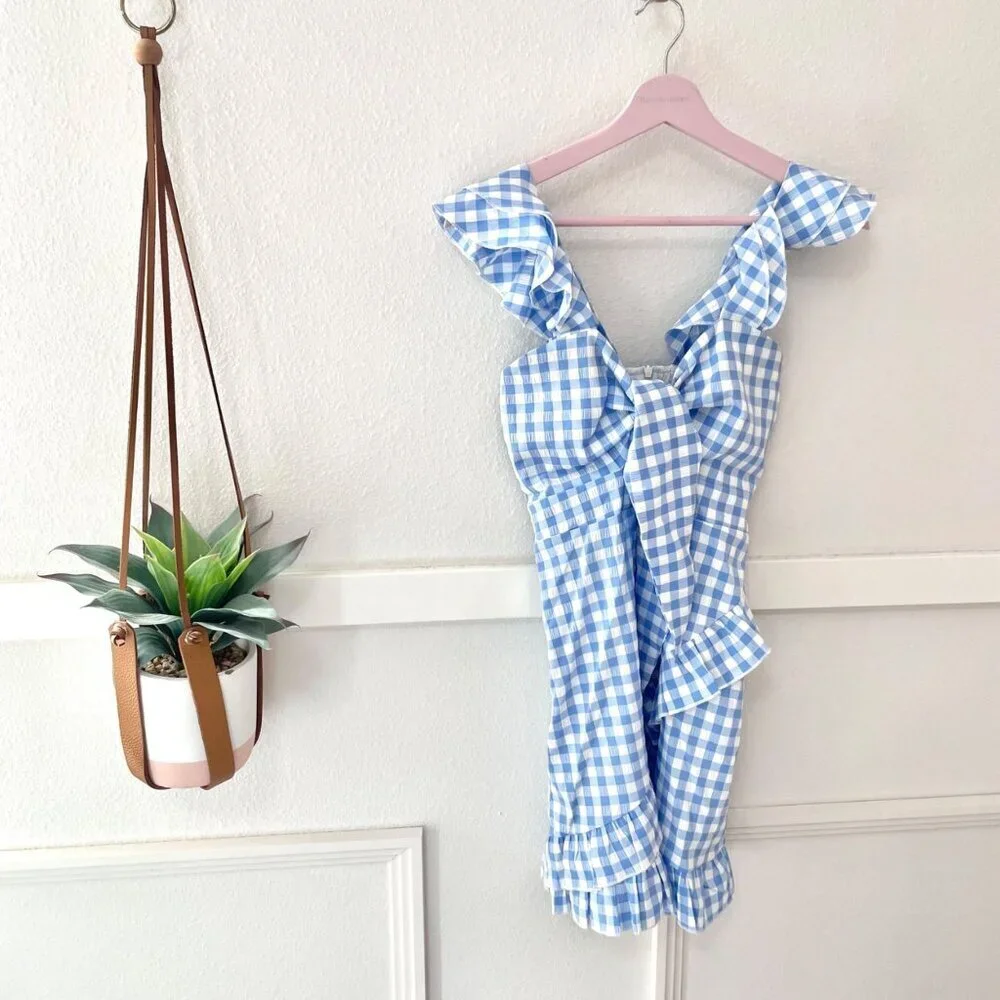 Sndys Adora V-Neck Sleeveless Ruffle Lined Zipper Dress Size S Blue Gingham
